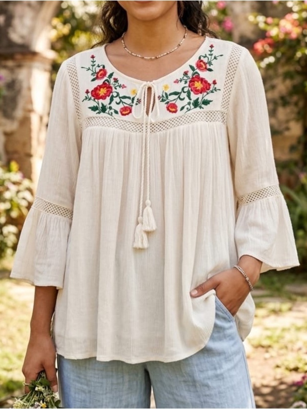 Cream Embroidered Peasant Tunic with Floral Yoke